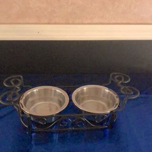 Stainless Steel dog bowls with wrought iron scrollwork tray
